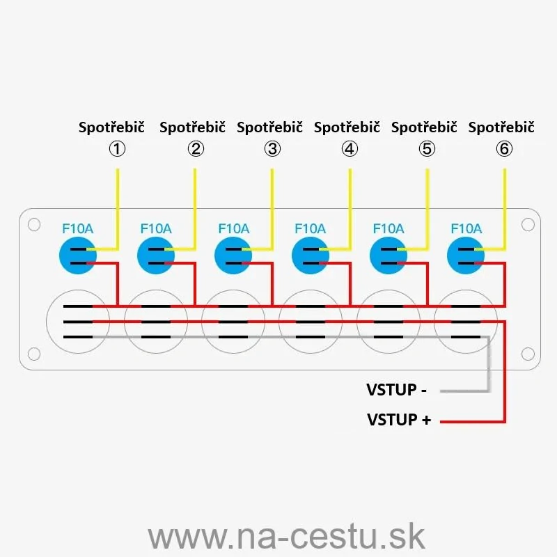 Panel s 6x spínačmi + 6x poistky, 12/24V